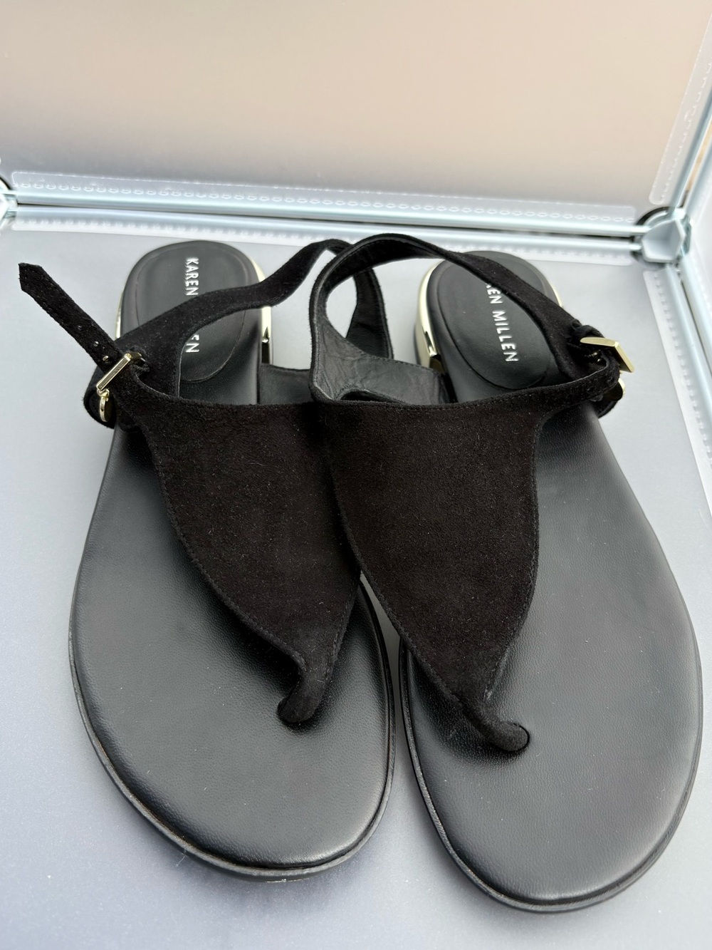 Karen Millen Black Suede Toe Ring Sandals EU 37 US 6.5-7 Gold Accent Leather